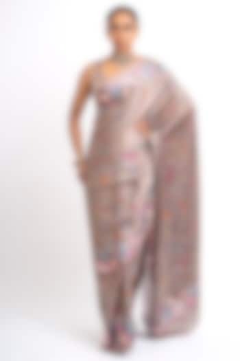 Deep Taupe Pure Satin Silk Printed Party Wear Saree by Studio 113 at Pernia's Pop Up Shop