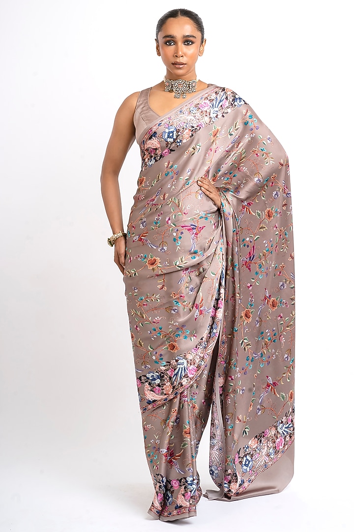 Deep Taupe Pure Satin Silk Printed Party Wear Saree by Studio 113 at Pernia's Pop Up Shop