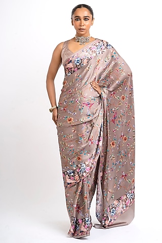 Deep Taupe Pure Satin Silk Printed Saree by Studio 113