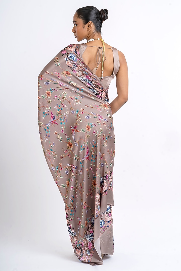 Deep Taupe Pure Satin Silk Printed Party Wear Saree by Studio 113 at Pernia's Pop Up Shop