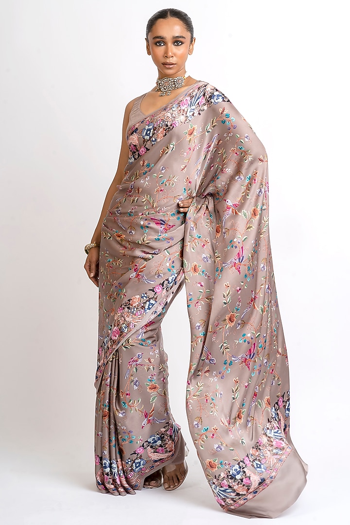 Deep Taupe Pure Satin Silk Printed Party Wear Saree by Studio 113 at Pernia's Pop Up Shop