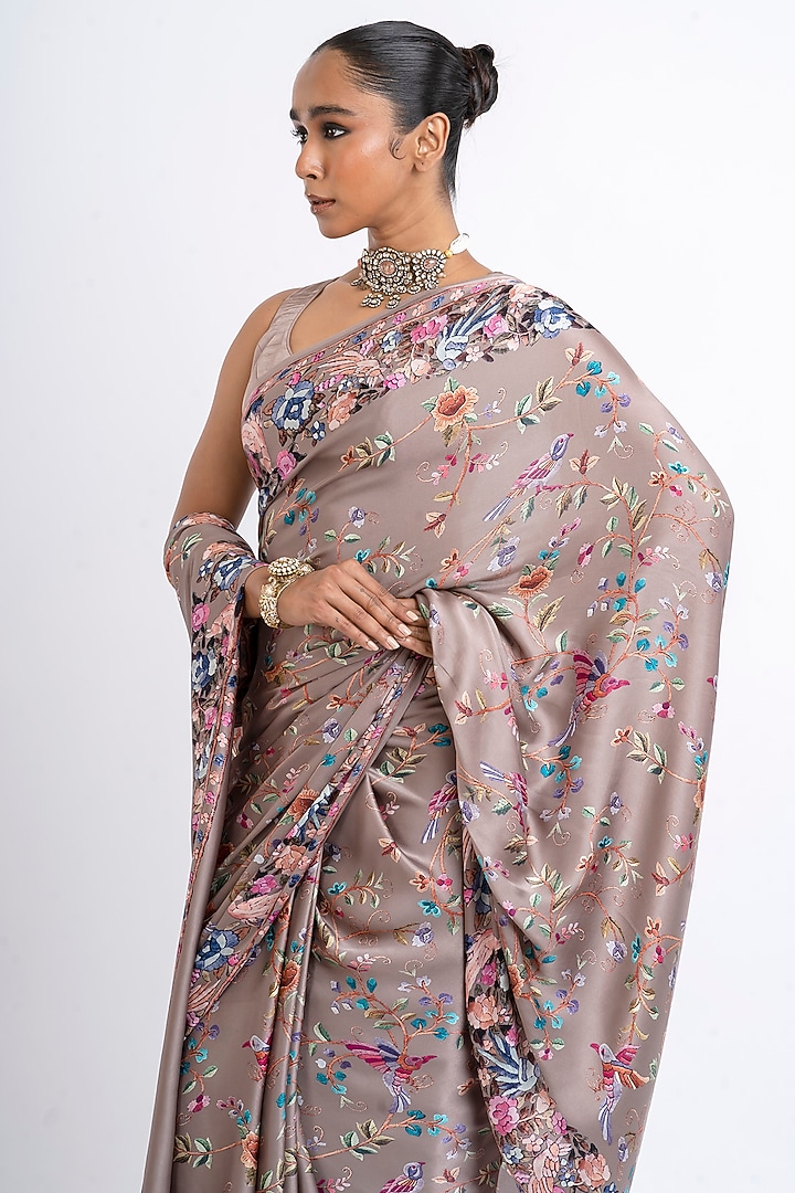 Deep Taupe Pure Satin Silk Printed Party Wear Saree by Studio 113 at Pernia's Pop Up Shop