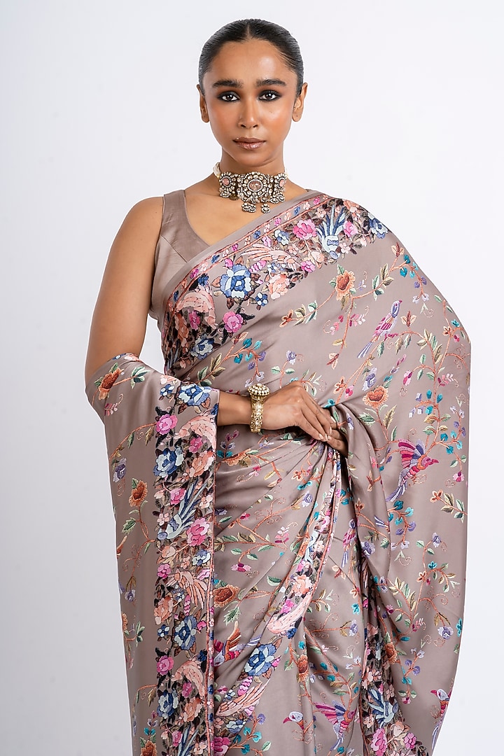 Deep Taupe Pure Satin Silk Printed Party Wear Saree by Studio 113 at Pernia's Pop Up Shop