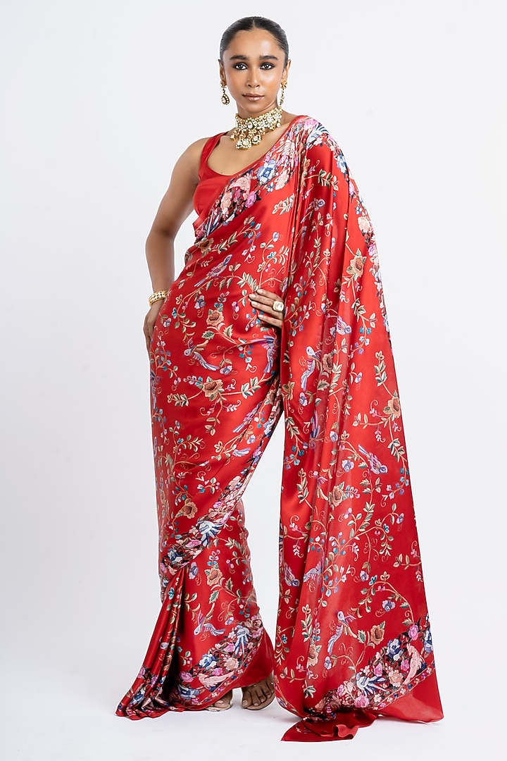 Red Pure Satin Silk Printed Party Wear Saree by Studio 113 at Pernia's Pop Up Shop