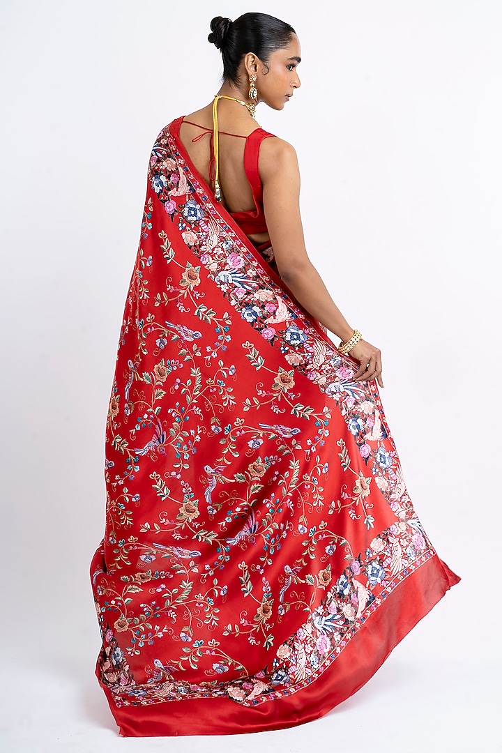 Red Pure Satin Silk Printed Party Wear Saree by Studio 113 at Pernia's Pop Up Shop