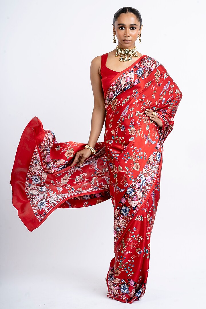 Red Pure Satin Silk Printed Party Wear Saree by Studio 113 at Pernia's Pop Up Shop