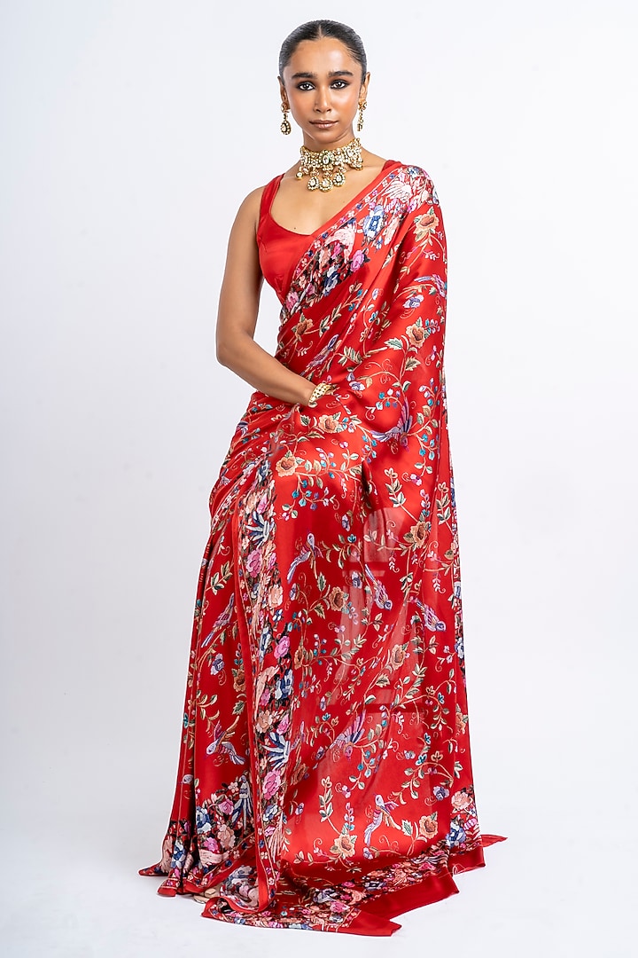 Red Pure Satin Silk Printed Party Wear Saree by Studio 113 at Pernia's Pop Up Shop