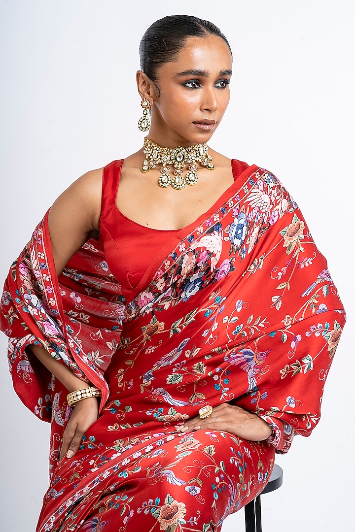 Red Pure Satin Silk Printed Party Wear Saree by Studio 113 at Pernia's Pop Up Shop