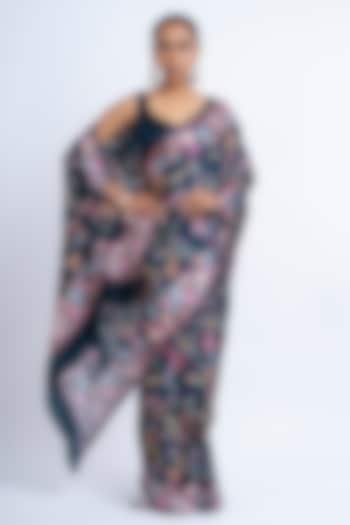 Nile Blue Pure Satin Silk Printed Party Wear Saree by Studio 113 at Pernia's Pop Up Shop