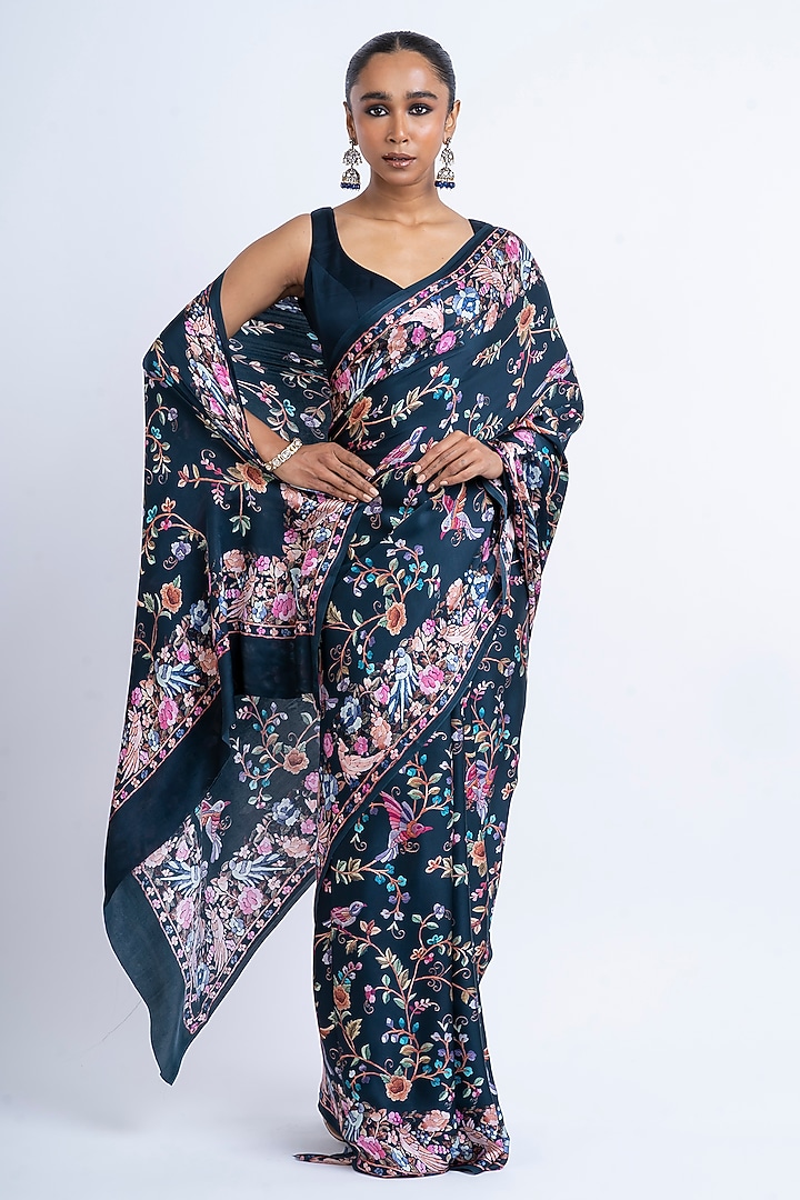 Nile Blue Pure Satin Silk Printed Party Wear Saree by Studio 113 at Pernia's Pop Up Shop