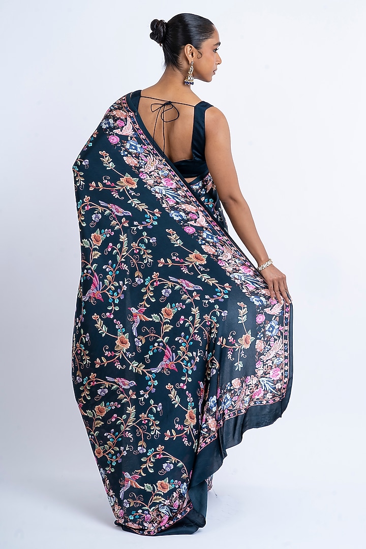 Nile Blue Pure Satin Silk Printed Party Wear Saree by Studio 113 at Pernia's Pop Up Shop