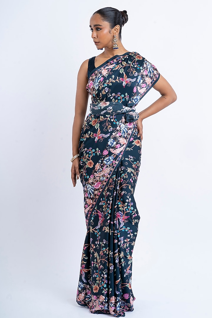 Nile Blue Pure Satin Silk Printed Party Wear Saree by Studio 113 at Pernia's Pop Up Shop