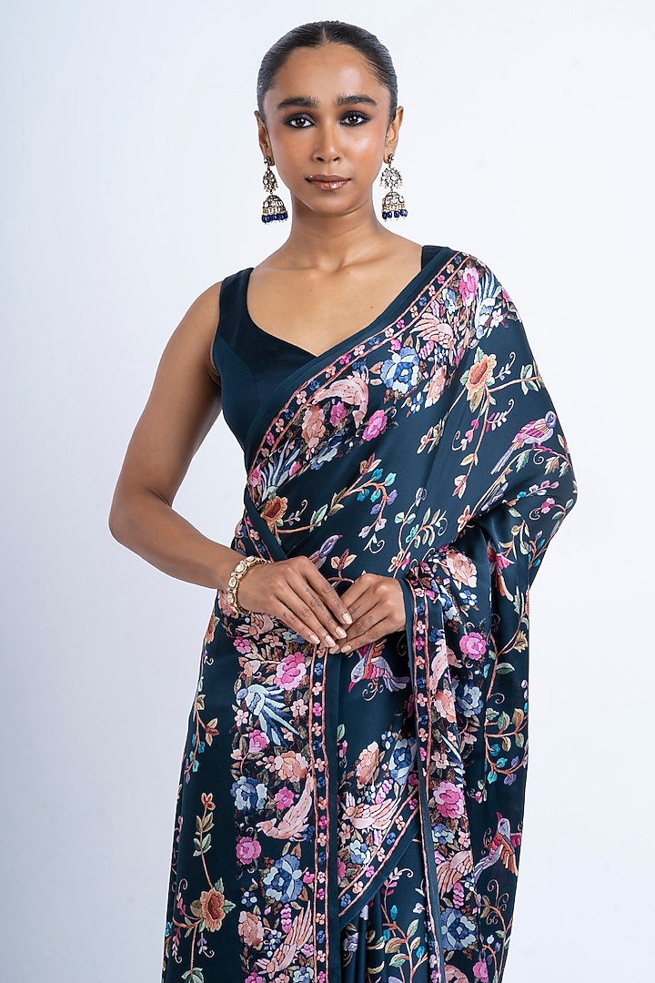 Nile Blue Pure Satin Silk Printed Party Wear Saree by Studio 113 at Pernia's Pop Up Shop