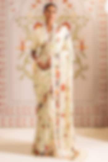 White Pure Satin Silk Printed Party Wear Saree by Studio 113 at Pernia's Pop Up Shop