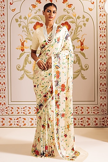 White Pure Satin Silk Printed Party Wear Saree by Studio 113 at Pernia's Pop Up Shop