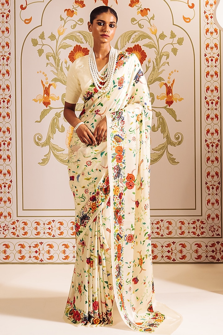 White Pure Satin Silk Printed Party Wear Saree by Studio 113 at Pernia's Pop Up Shop
