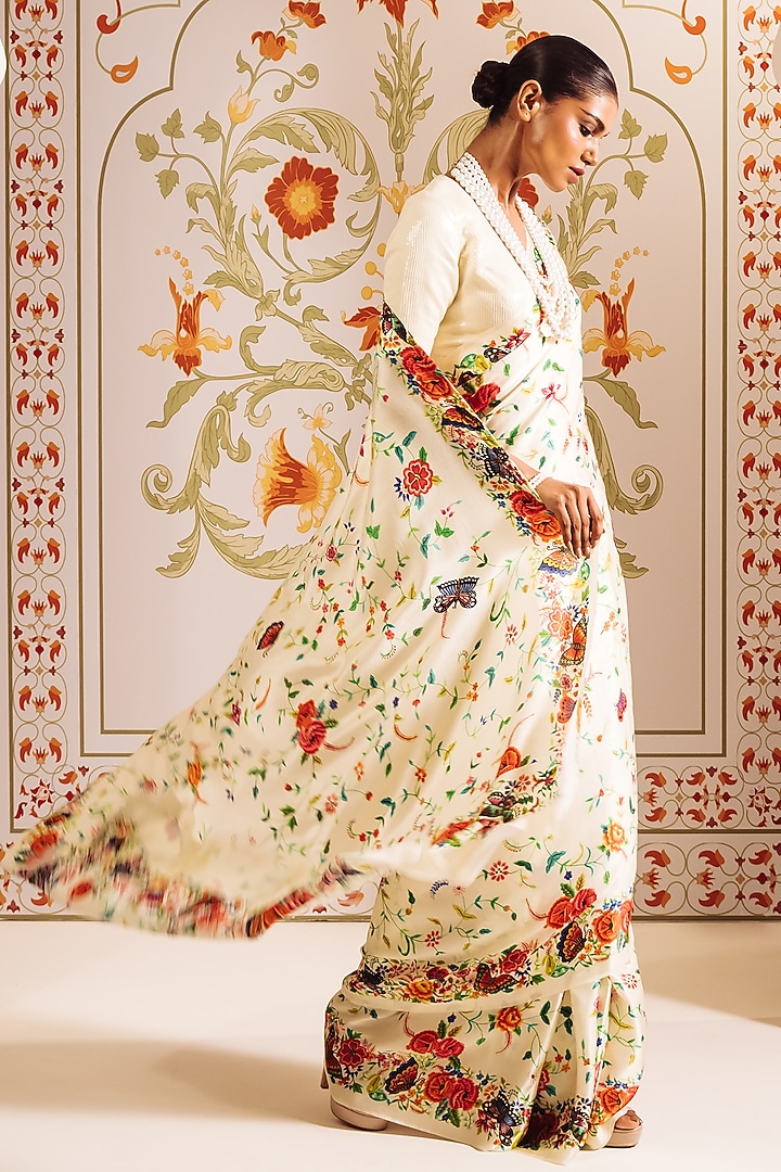 White Pure Satin Silk Printed Party Wear Saree by Studio 113 at Pernia's Pop Up Shop