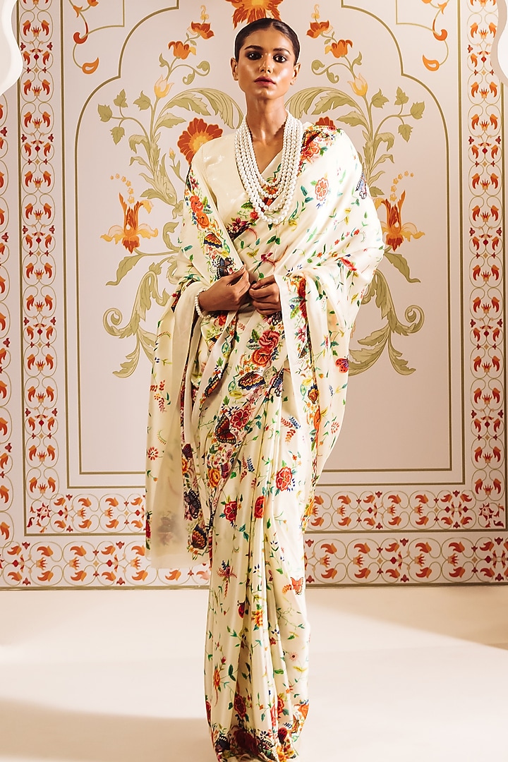 White Pure Satin Silk Printed Party Wear Saree by Studio 113 at Pernia's Pop Up Shop