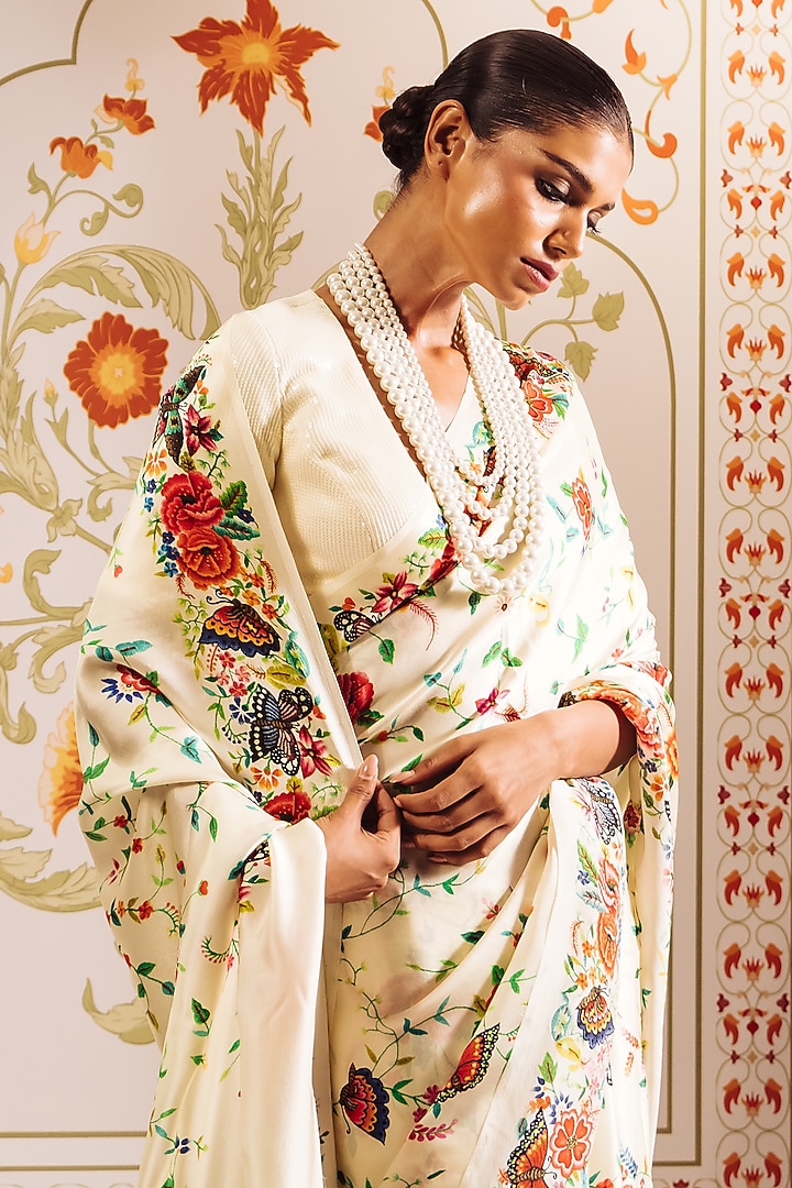 White Pure Satin Silk Printed Party Wear Saree by Studio 113 at Pernia's Pop Up Shop