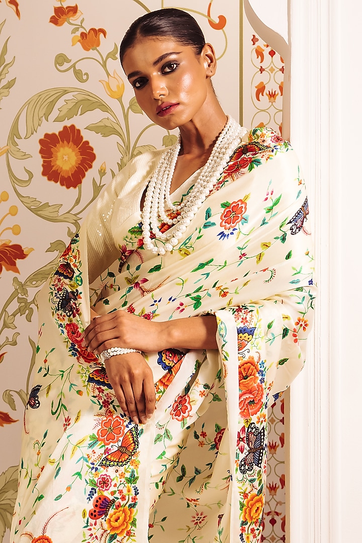 White Pure Satin Silk Printed Party Wear Saree by Studio 113 at Pernia's Pop Up Shop