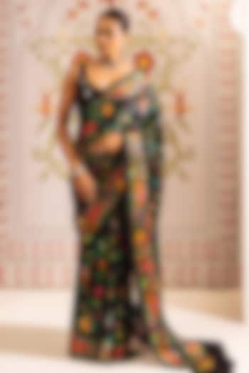 Black Pure Satin Silk Printed Party Wear Saree by Studio 113 at Pernia's Pop Up Shop