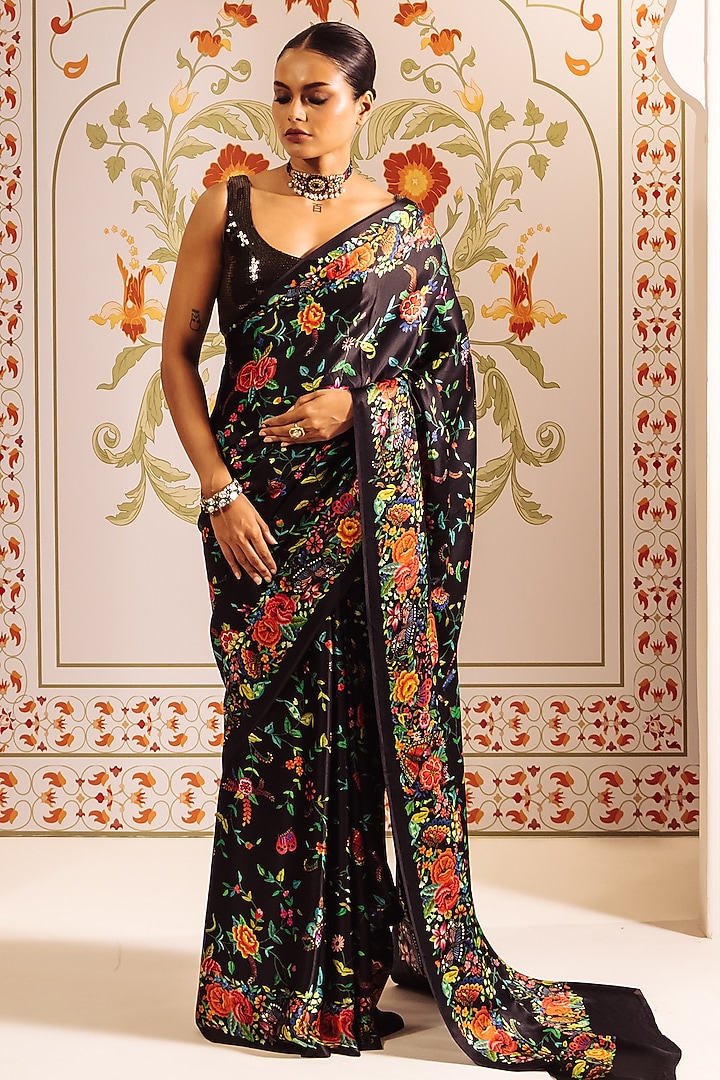 Black Pure Satin Silk Printed Party Wear Saree by Studio 113 at Pernia's Pop Up Shop