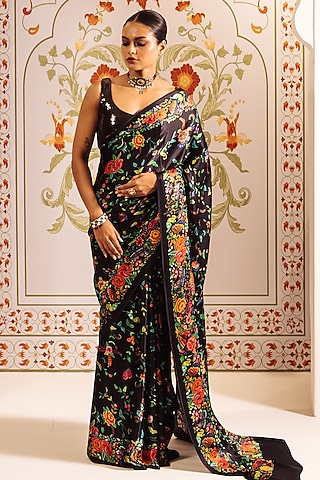 Black Pure Satin Silk Printed Saree by Studio 113