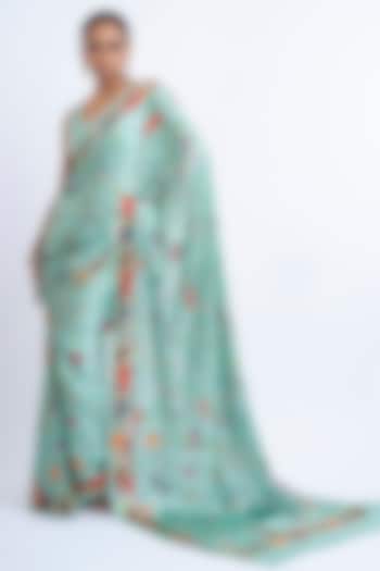 Coral Blue Pure Satin Silk Printed Party Wear Saree by Studio 113 at Pernia's Pop Up Shop