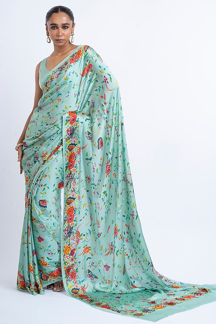 Coral Blue Pure Satin Silk Printed Party Wear Saree by Studio 113 at Pernia's Pop Up Shop