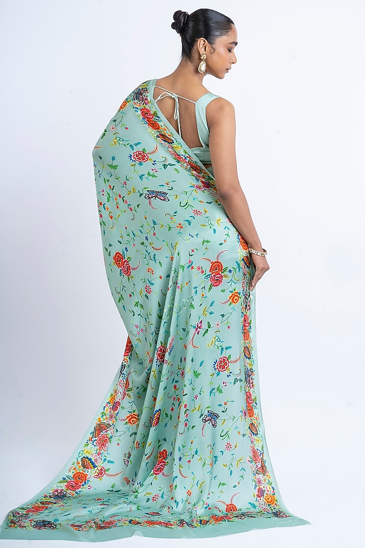 Coral Blue Pure Satin Silk Printed Party Wear Saree by Studio 113 at Pernia's Pop Up Shop
