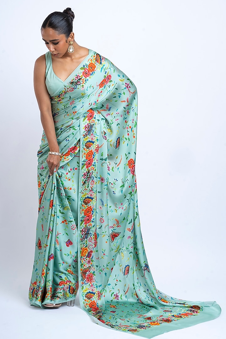 Coral Blue Pure Satin Silk Printed Party Wear Saree by Studio 113 at Pernia's Pop Up Shop