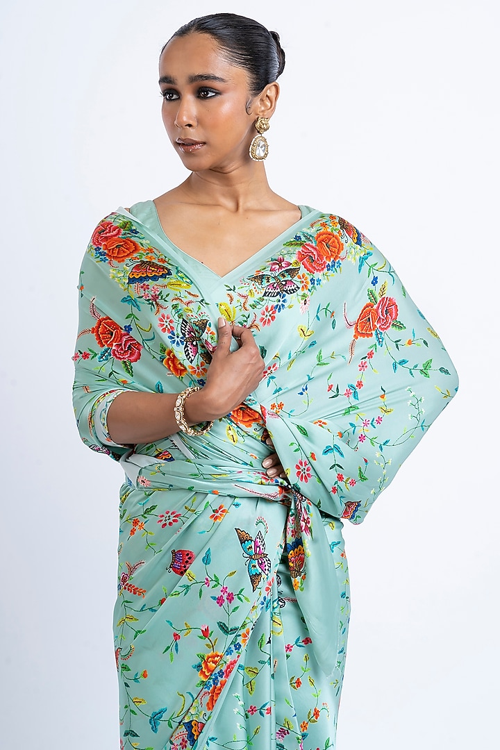 Coral Blue Pure Satin Silk Printed Party Wear Saree by Studio 113 at Pernia's Pop Up Shop