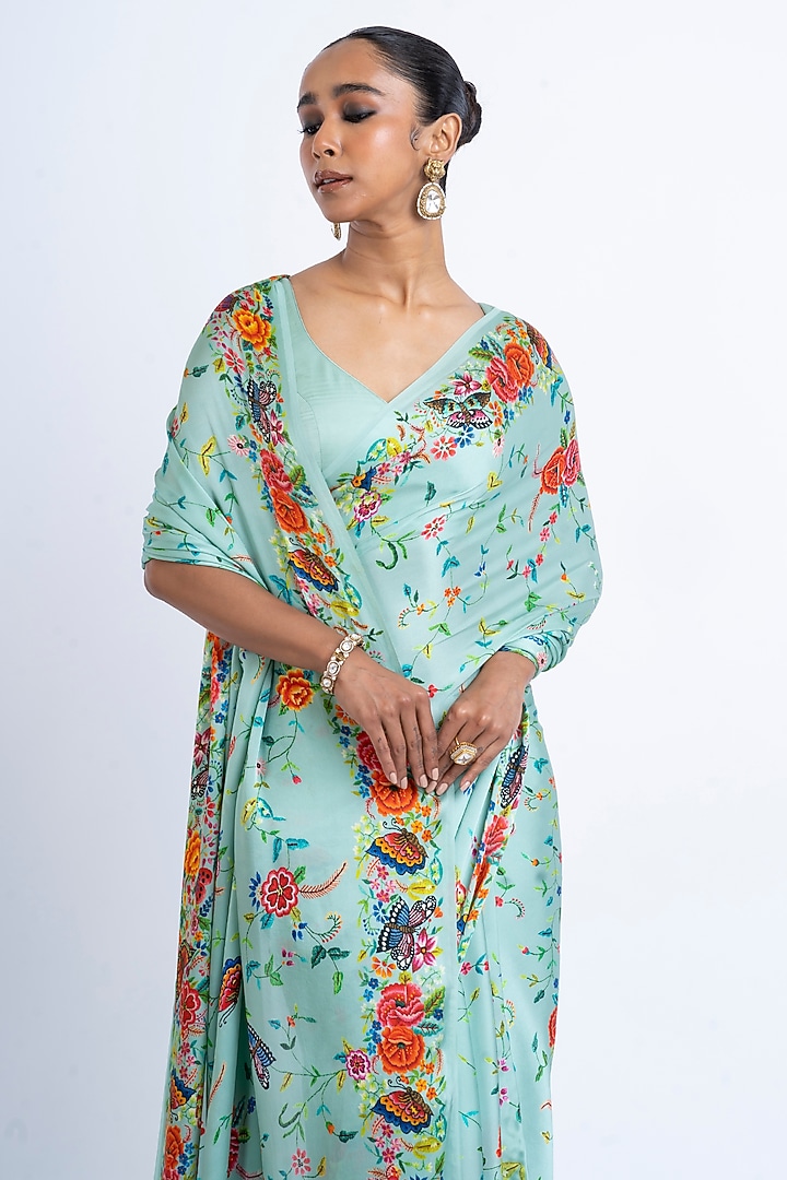 Coral Blue Pure Satin Silk Printed Party Wear Saree by Studio 113 at Pernia's Pop Up Shop