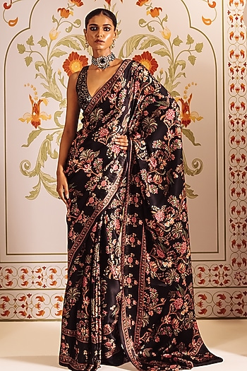 Black Pure Satin Silk Peacock Chintz Printed Party Wear Saree  by Studio 113 at Pernia's Pop Up Shop