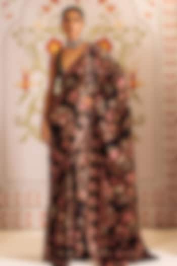Black Pure Satin Silk Peacock Chintz Printed Party Wear Saree by Studio 113 at Pernia's Pop Up Shop