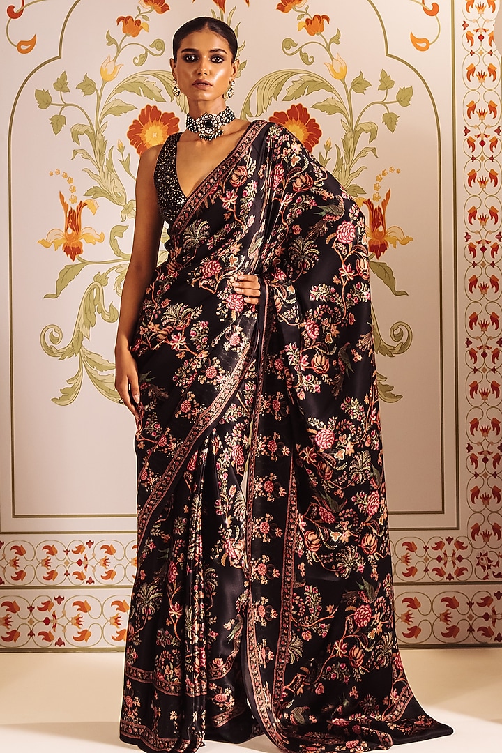 Black Pure Satin Silk Peacock Chintz Printed Party Wear Saree by Studio 113 at Pernia's Pop Up Shop