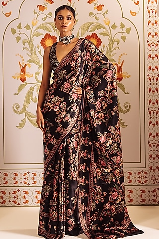 Black Pure Satin Silk Peacock Chintz Printed Saree  by Studio 113