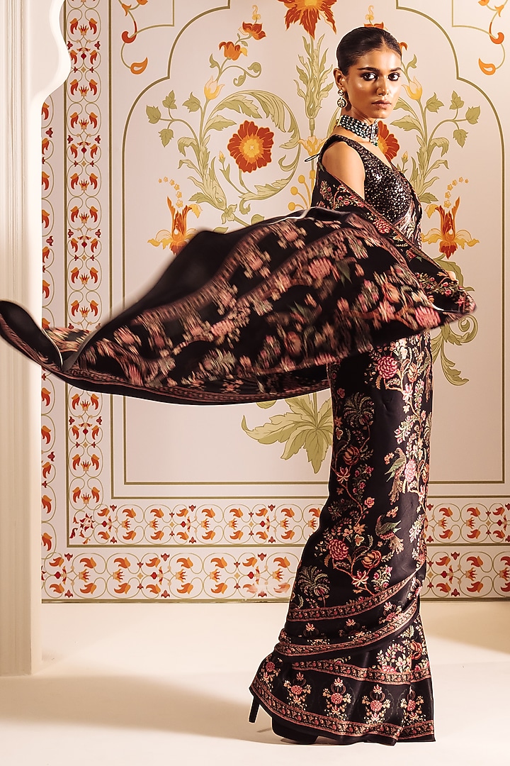Black Pure Satin Silk Peacock Chintz Printed Party Wear Saree by Studio 113 at Pernia's Pop Up Shop