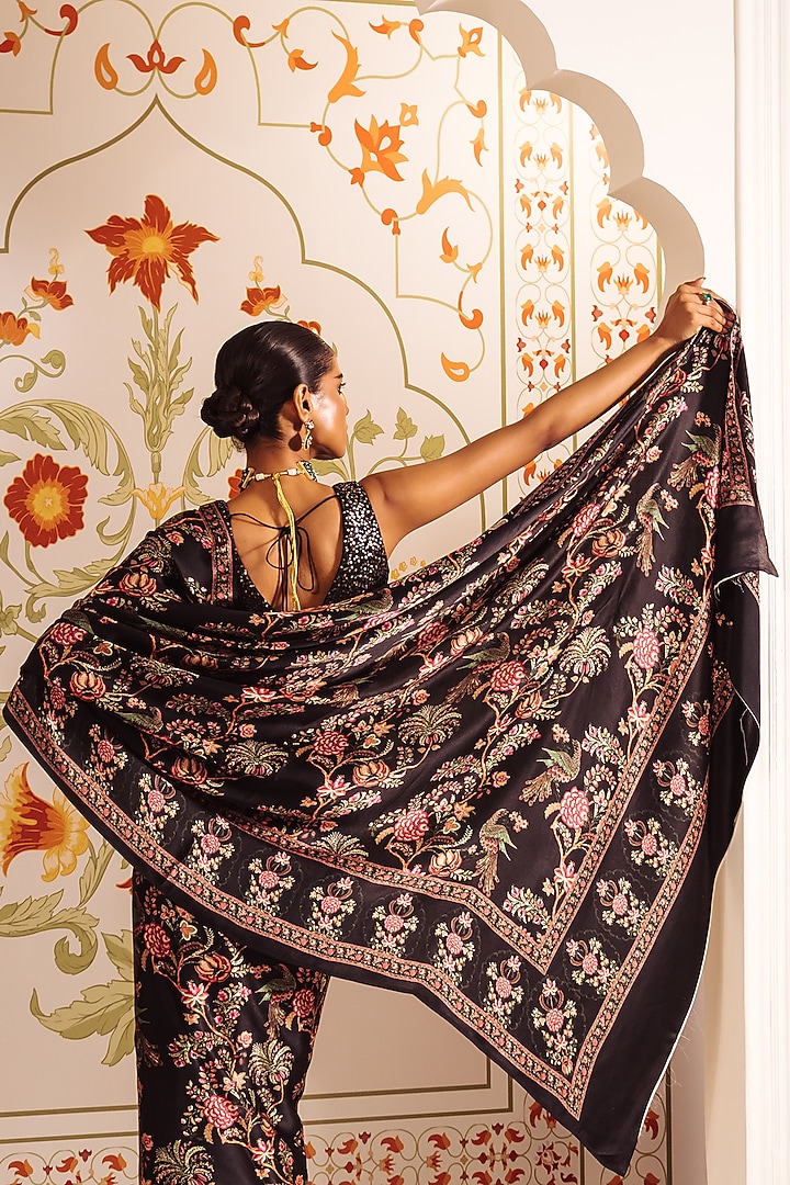 Black Pure Satin Silk Peacock Chintz Printed Party Wear Saree by Studio 113 at Pernia's Pop Up Shop