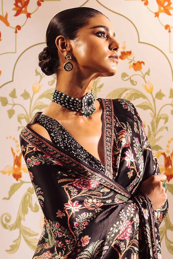 Black Pure Satin Silk Peacock Chintz Printed Party Wear Saree by Studio 113 at Pernia's Pop Up Shop
