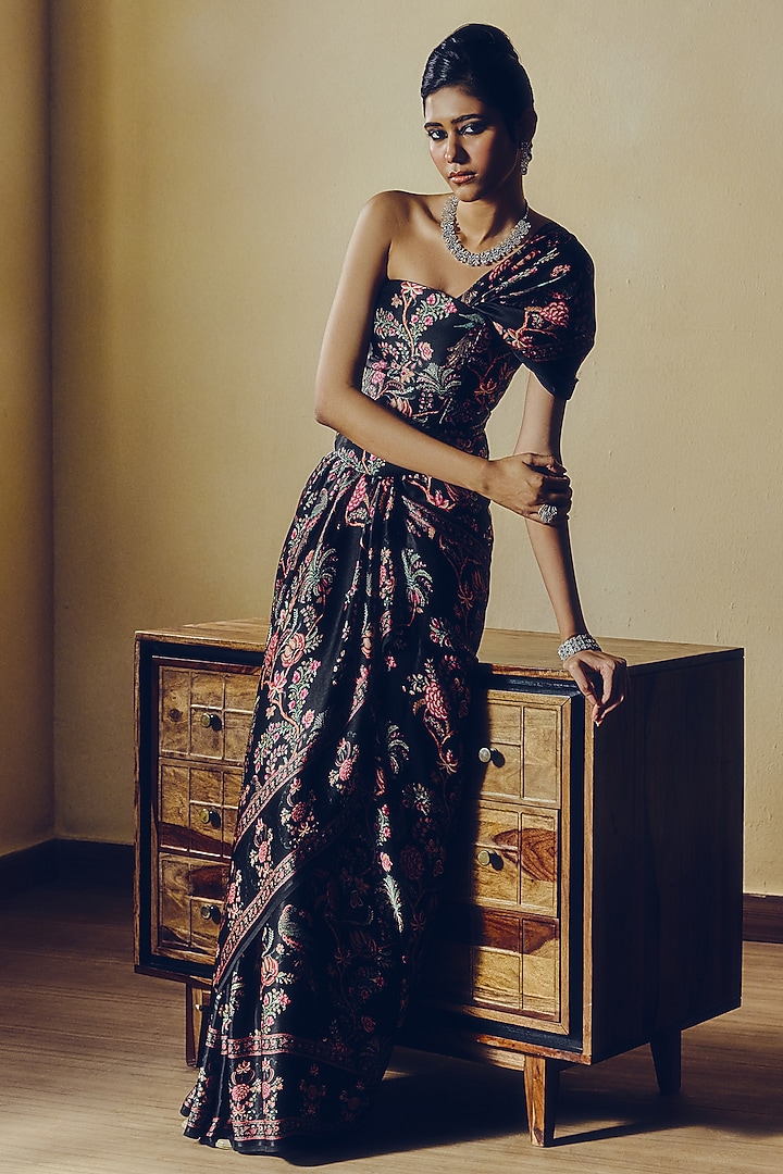 Black Pure Satin Silk Peacock Chintz Printed Corset by Studio 113 at Pernia's Pop Up Shop