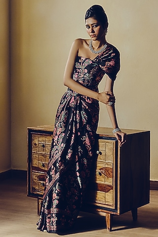 Black Pure Satin Silk Peacock Chintz Printed Corset by Studio 113