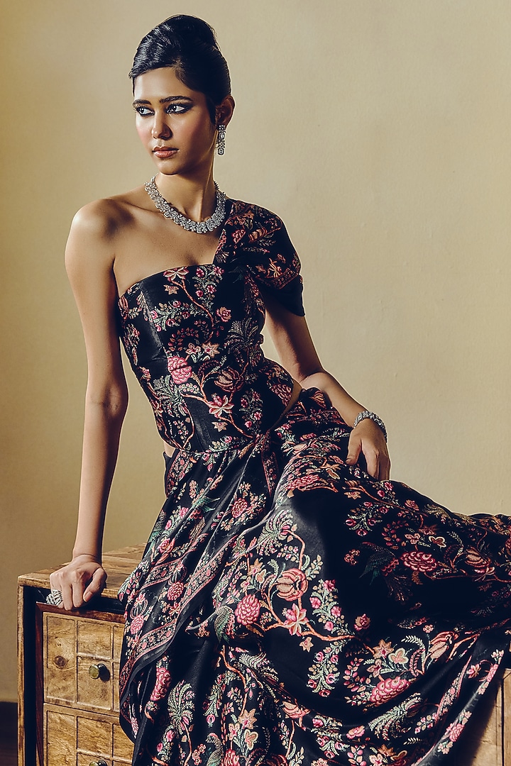 Black Pure Satin Silk Peacock Chintz Printed Corset by Studio 113 at Pernia's Pop Up Shop