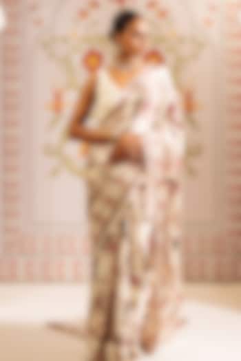White Pure Satin Silk Peacock Chintz Printed Party Wear Saree by Studio 113 at Pernia's Pop Up Shop