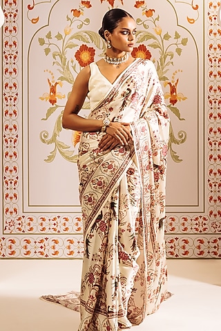 White Pure Satin Silk Peacock Chintz Printed Saree  by Studio 113