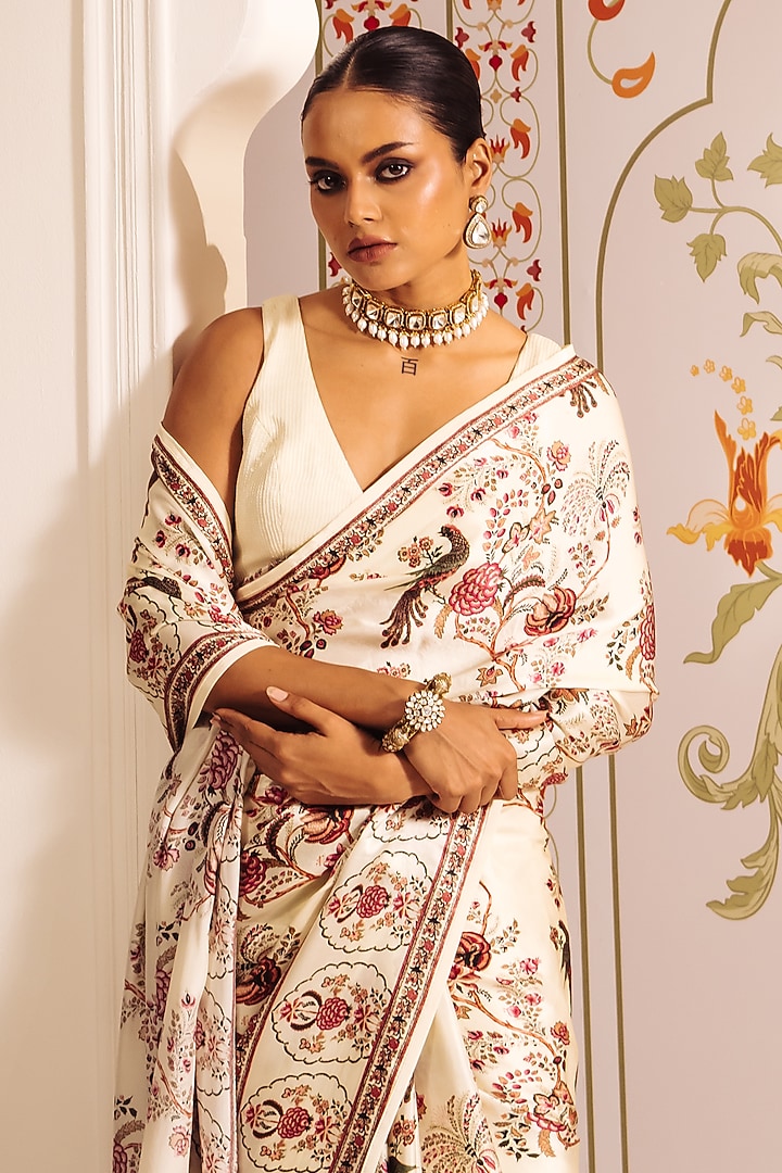White Pure Satin Silk Peacock Chintz Printed Party Wear Saree by Studio 113 at Pernia's Pop Up Shop