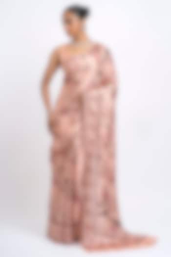 Dusty Rose Pure Satin Silk Peacock Chintz Printed Party Wear Saree by Studio 113 at Pernia's Pop Up Shop