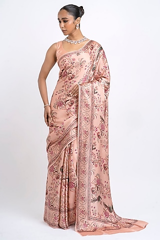 Dusty Rose Pure Satin Silk Peacock Chintz Printed Saree  by Studio 113