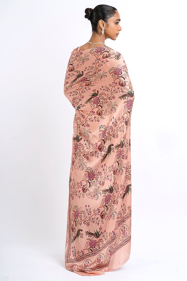 Dusty Rose Pure Satin Silk Peacock Chintz Printed Party Wear Saree  by Studio 113 at Pernia's Pop Up Shop