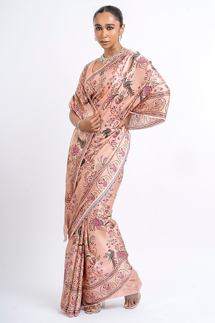 Dusty Rose Pure Satin Silk Peacock Chintz Printed Party Wear Saree  by Studio 113 at Pernia's Pop Up Shop